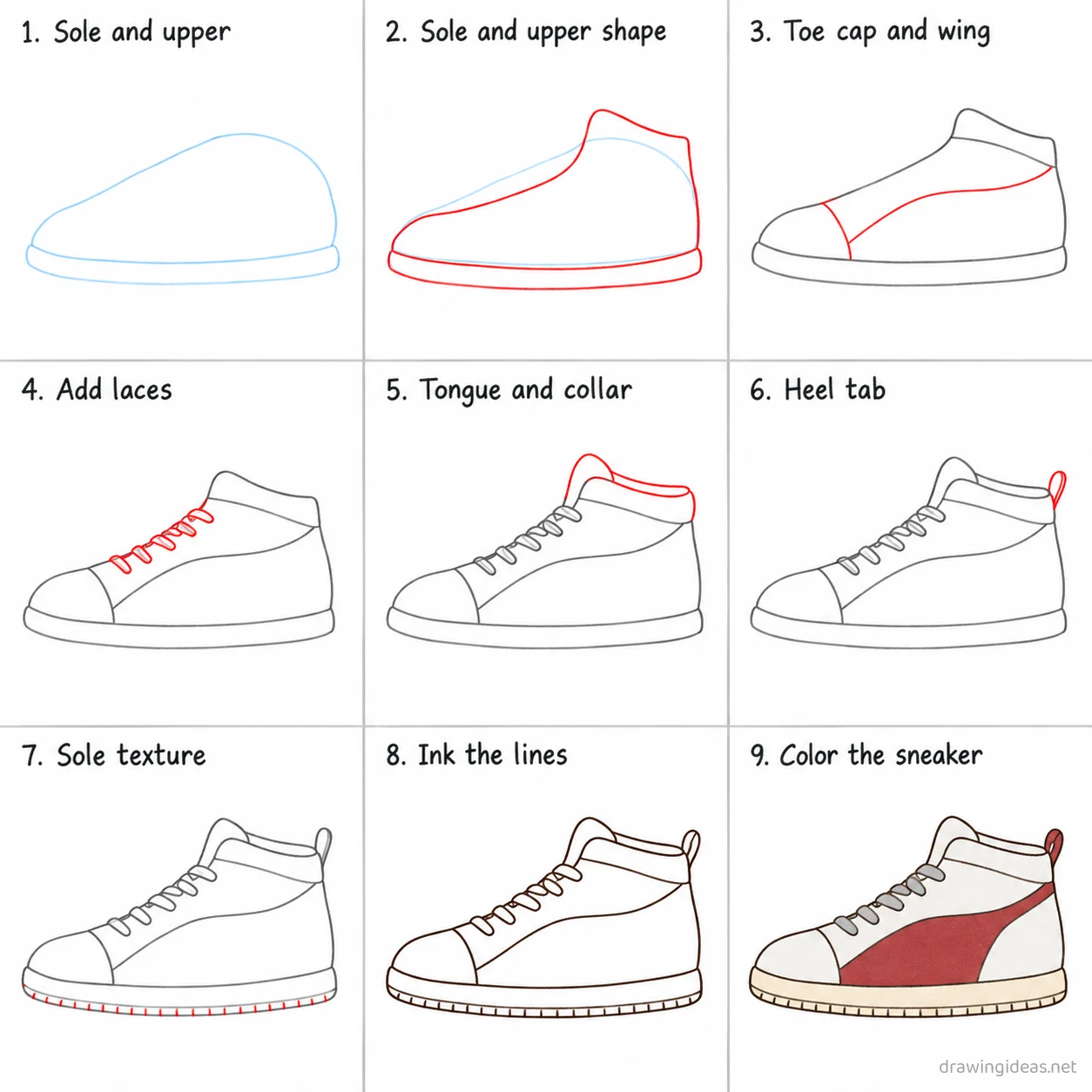 How to draw a jordan 1 step by step — 9-step jordan 1 drawing tutorial sheet