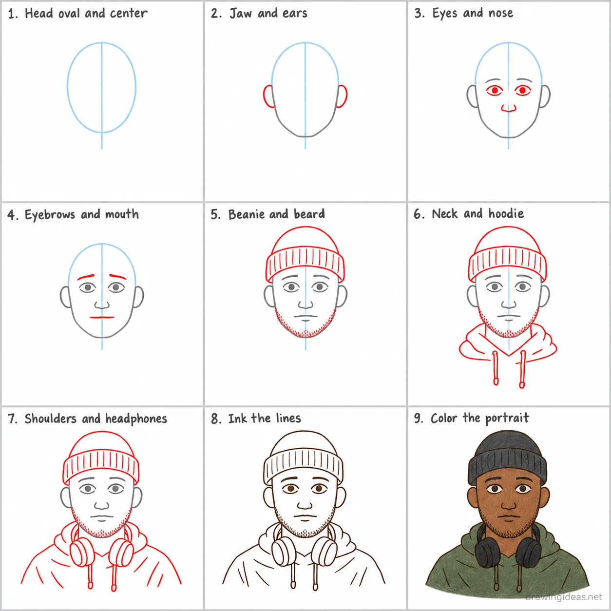 How to draw Juice Wrld step by step — 9-step Juice Wrld drawing tutorial sheet