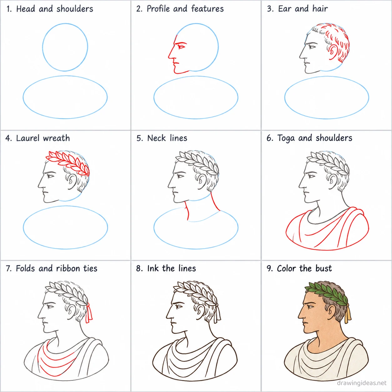 How to draw Julius Caesar step by step — 9-step Julius Caesar drawing tutorial sheet