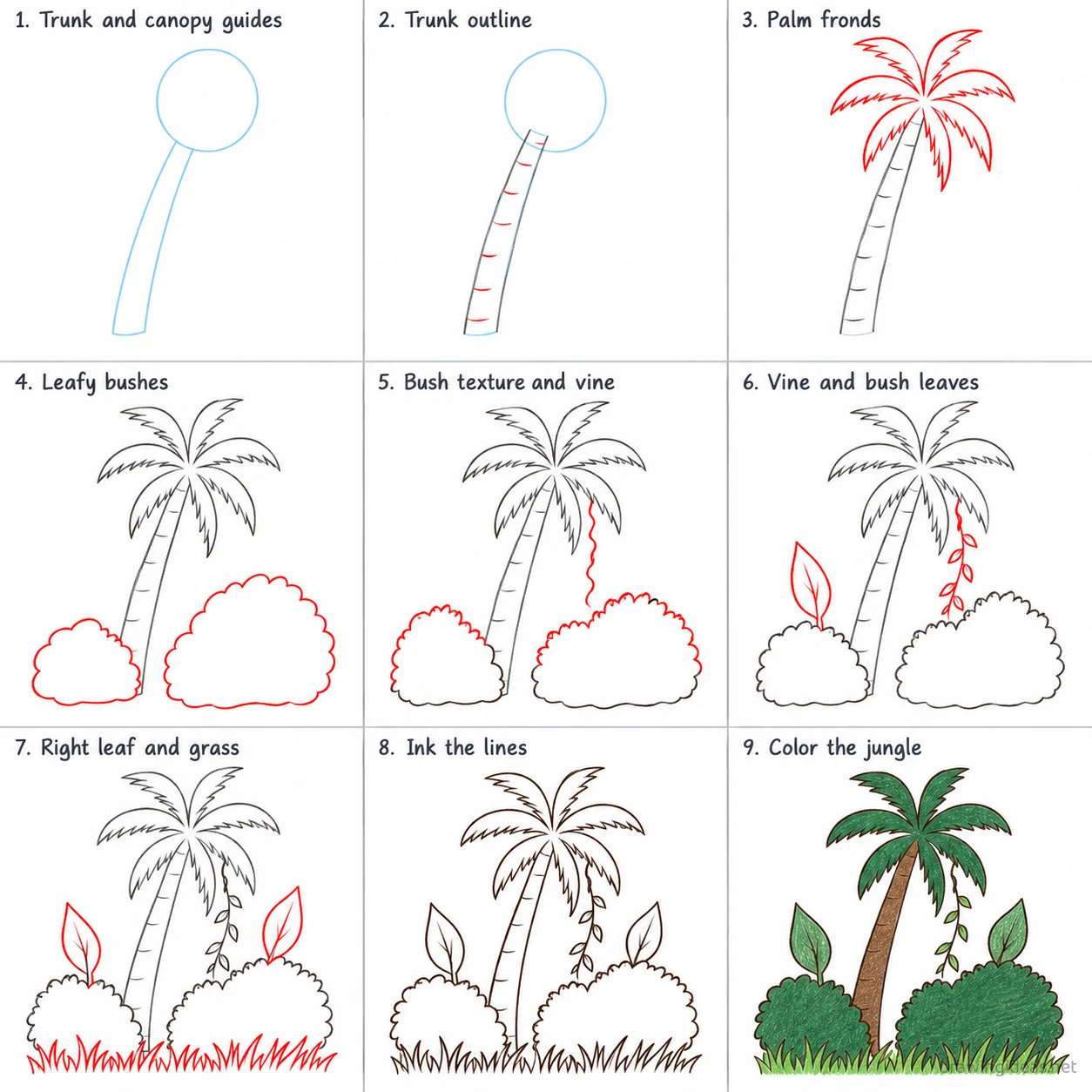 How to draw a jungle step by step — 9-step jungle drawing tutorial sheet