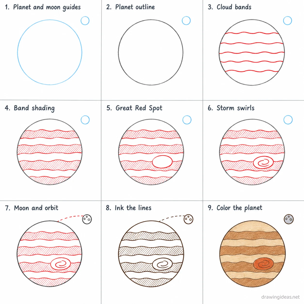 How to draw a jupiter step by step — 9-step jupiter drawing tutorial sheet