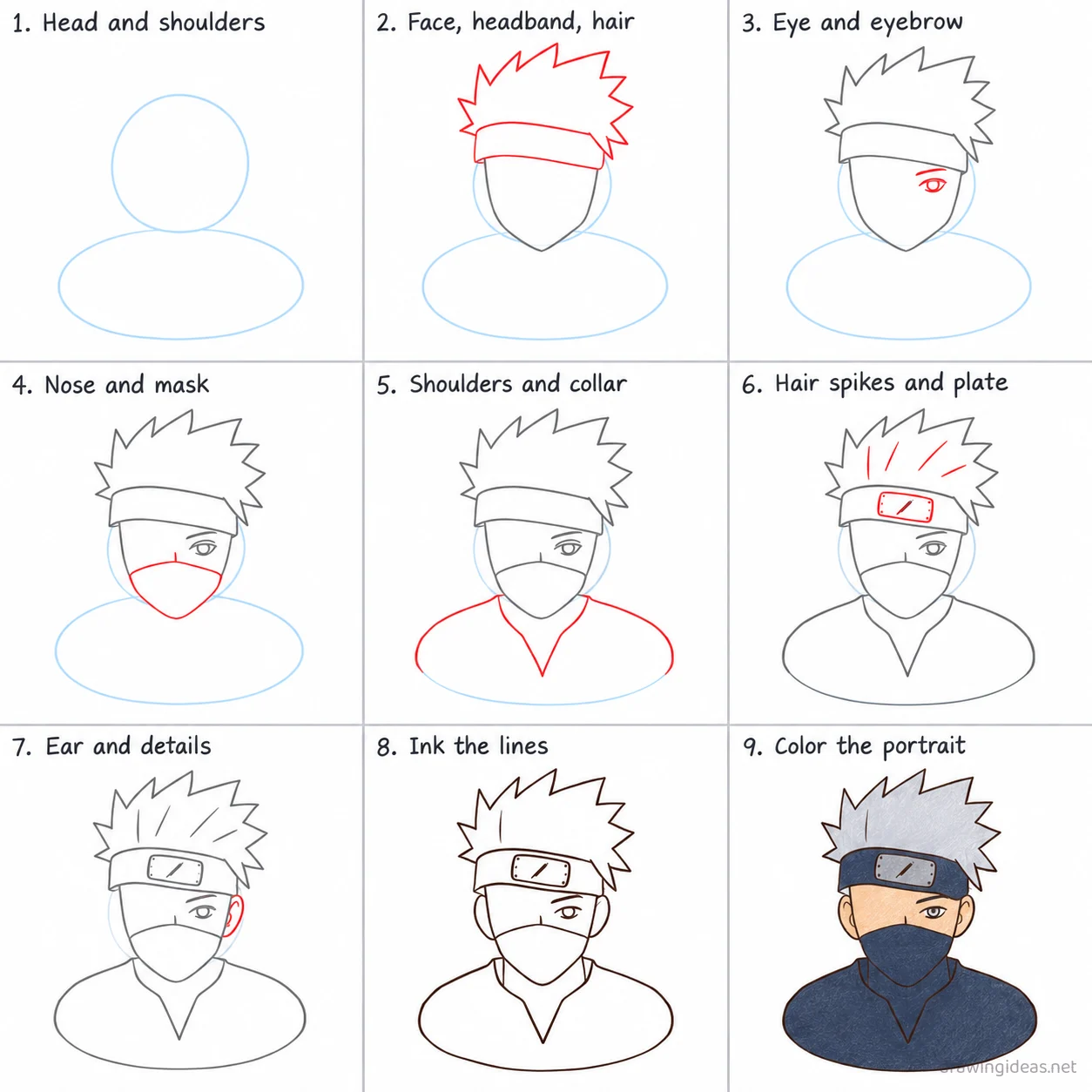 How to draw Kakashi step by step — 9-step Kakashi drawing tutorial sheet