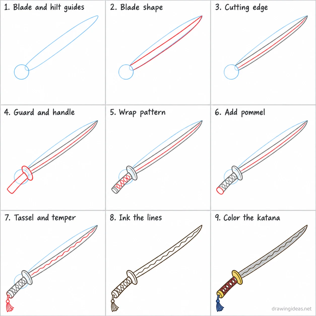 How to draw a katana step by step — 9-step katana drawing tutorial sheet