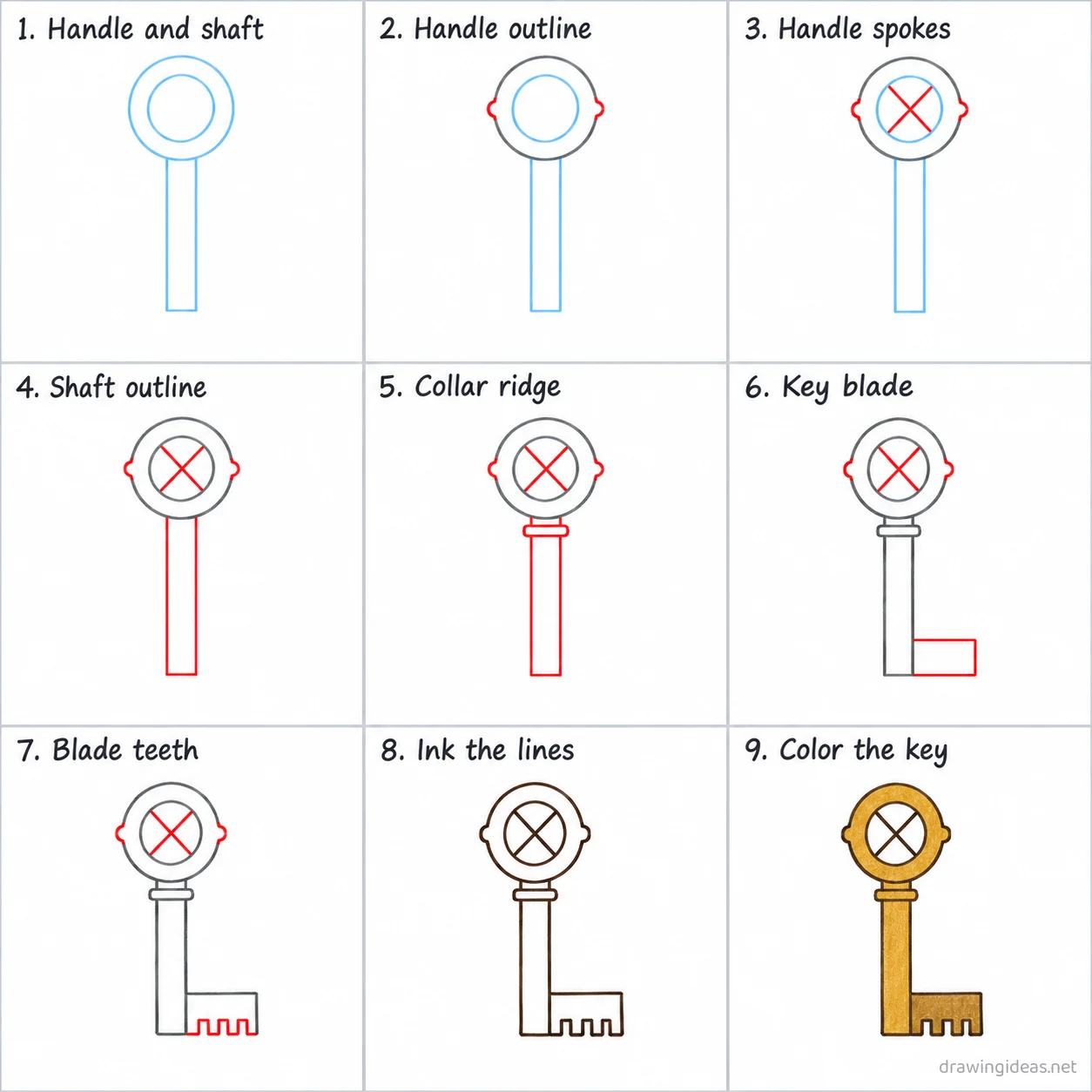 How to draw a key step by step — 9-step key drawing tutorial sheet