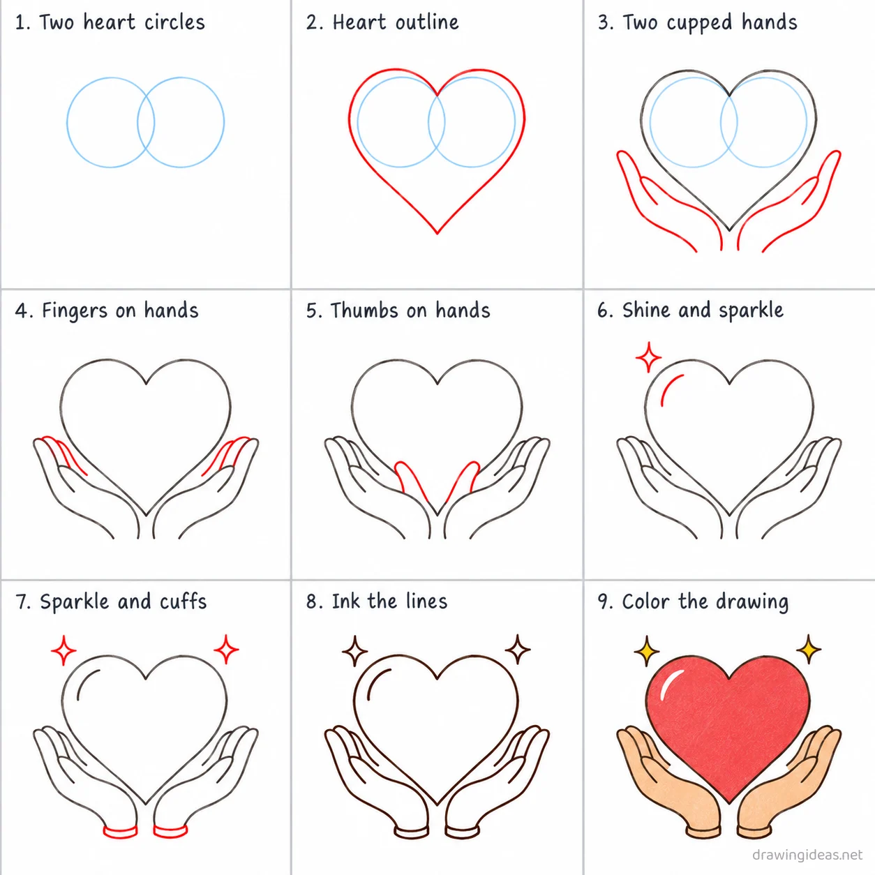 How to draw kindness step by step — 9-step kindness drawing tutorial sheet