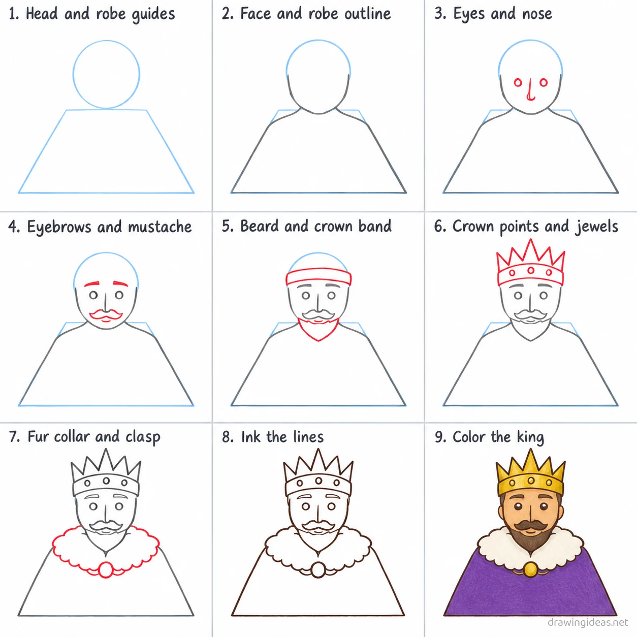 How to draw a king step by step — 9-step king drawing tutorial sheet
