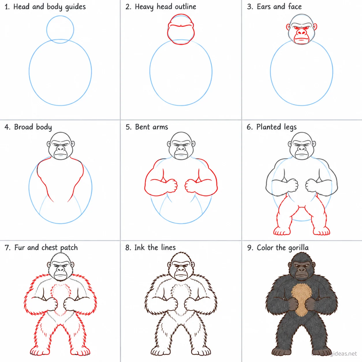How to draw King Kong step by step — 9-step King Kong drawing tutorial sheet