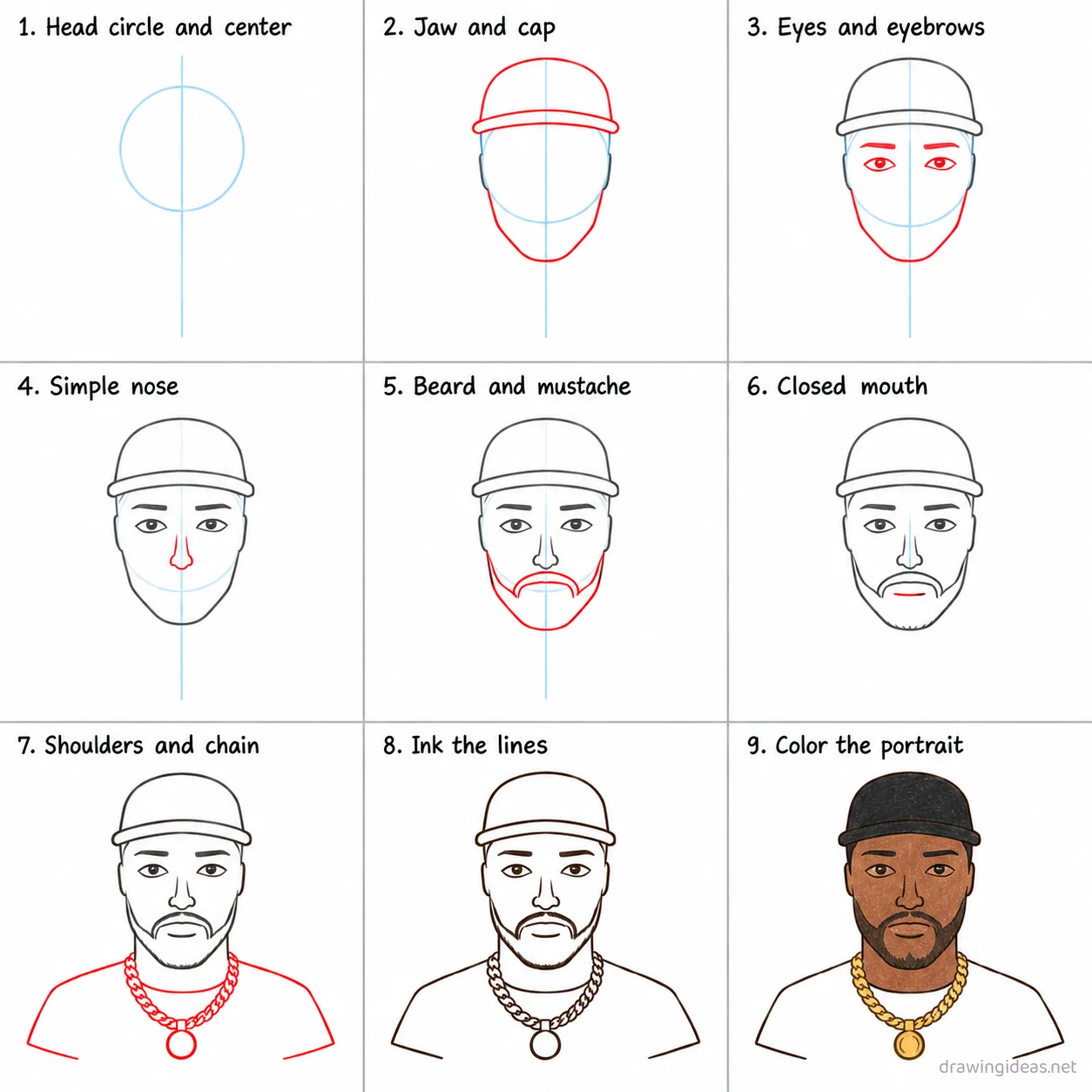 How to draw King Von step by step — 9-step King Von drawing tutorial sheet