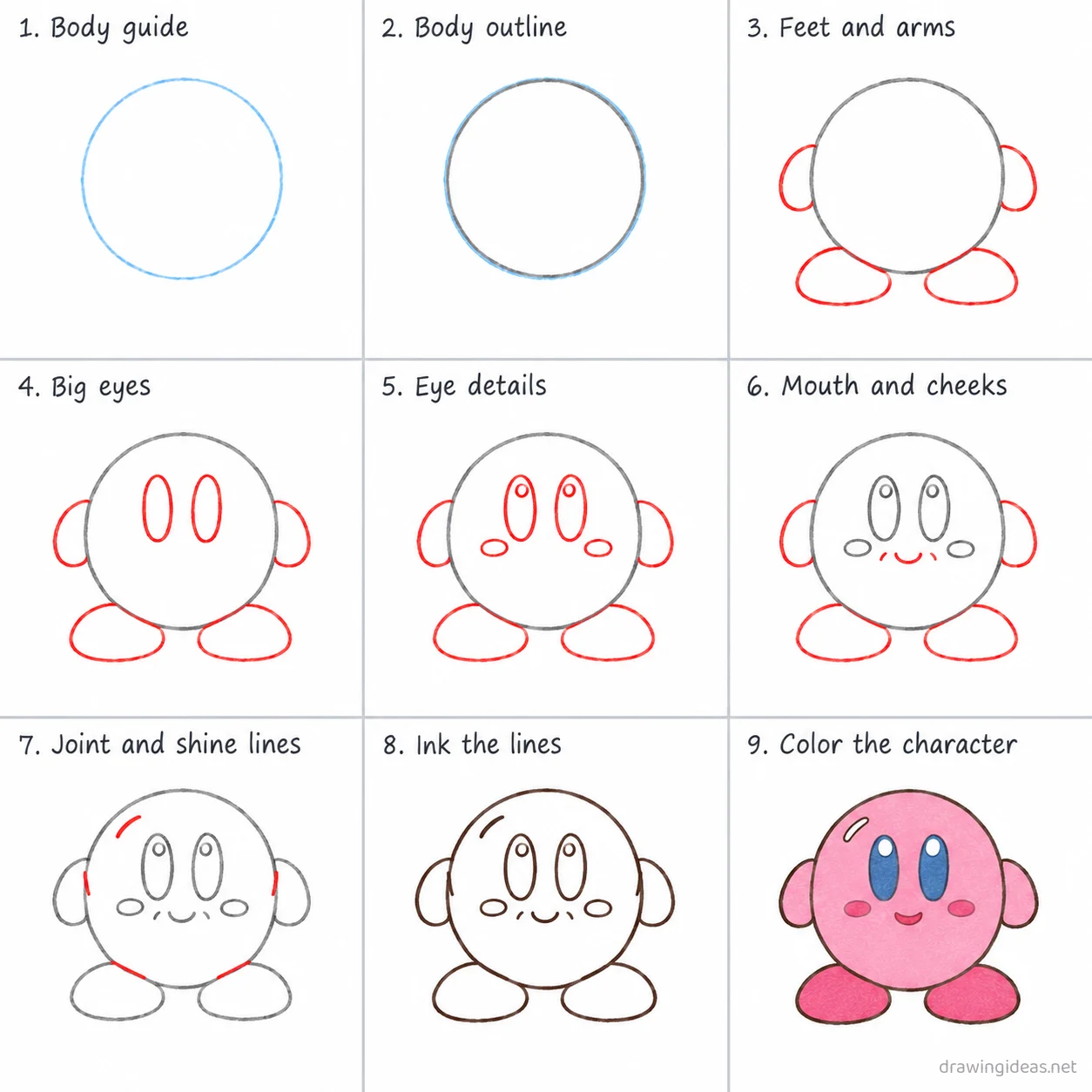How to draw Kirby step by step — 9-step Kirby drawing tutorial sheet