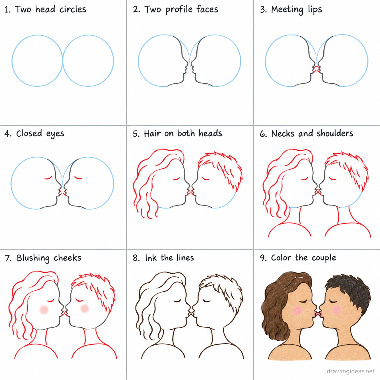 How to draw a kiss step by step — 9-step kiss drawing tutorial sheet