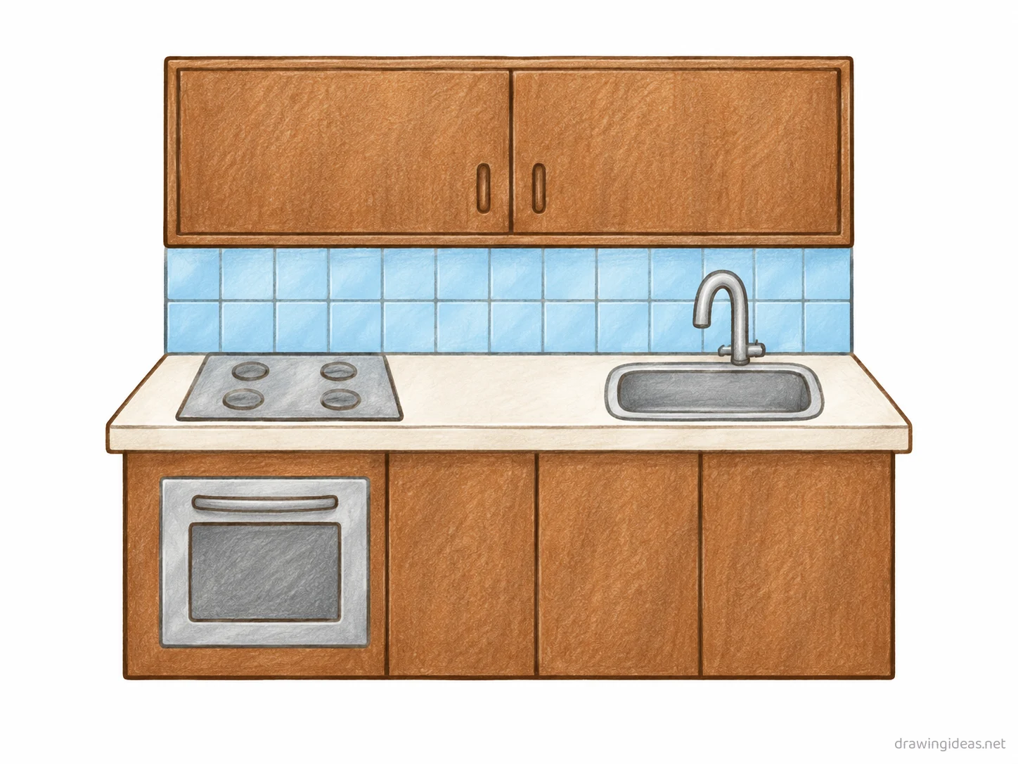 Kitchen drawing — hand-drawn kitchen illustration with ink lines and soft colors