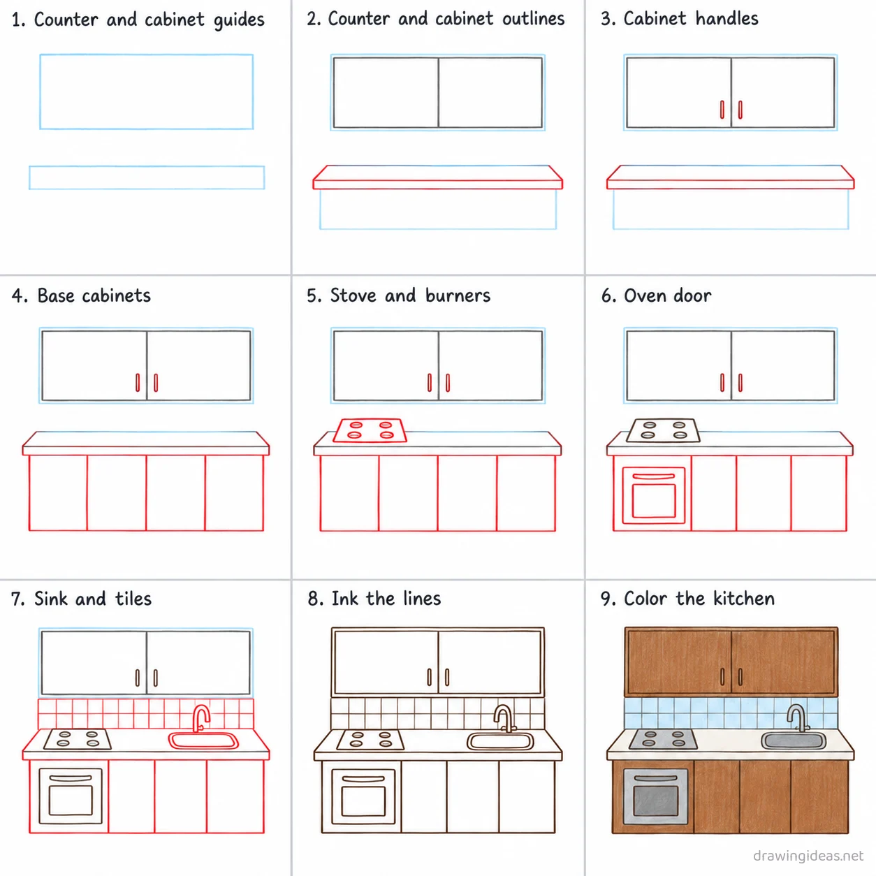 How to draw a kitchen step by step — 9-step kitchen drawing tutorial sheet