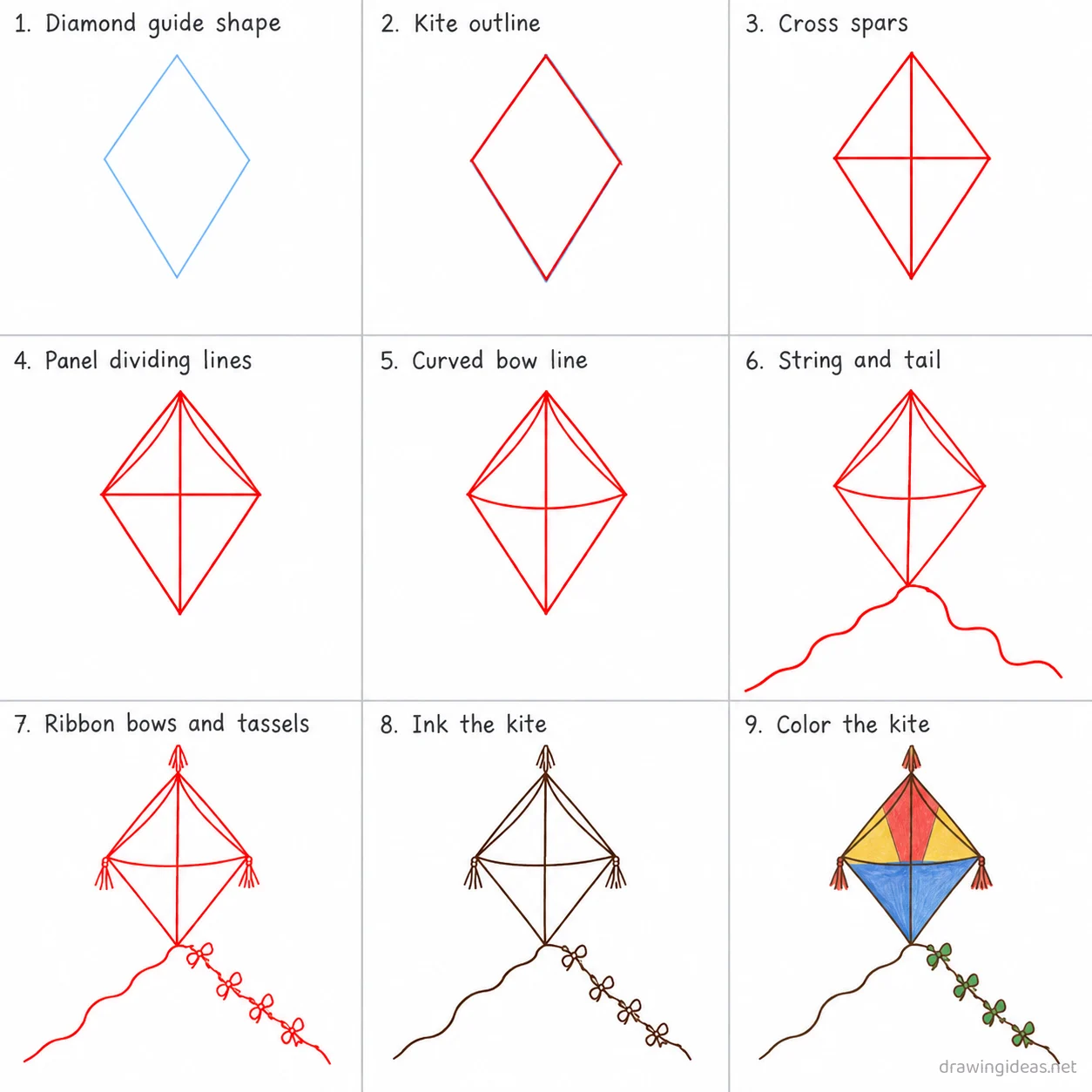 How to draw a kite step by step — 9-step kite drawing tutorial sheet