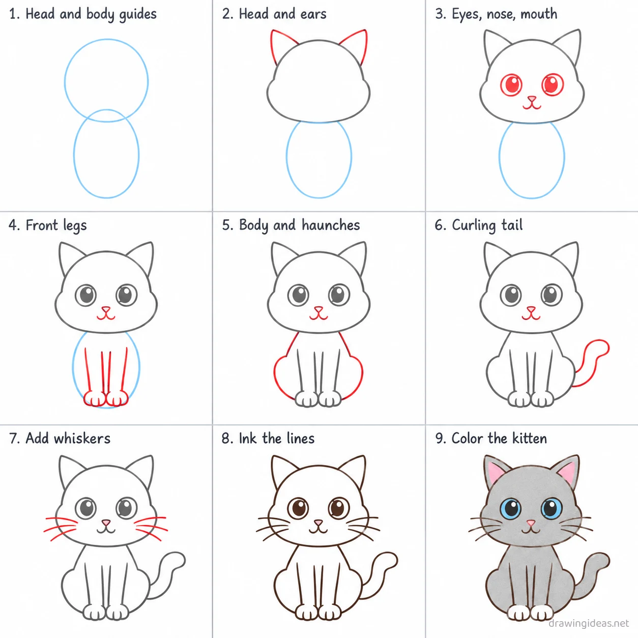How to draw a kitten step by step — 9-step kitten drawing tutorial sheet
