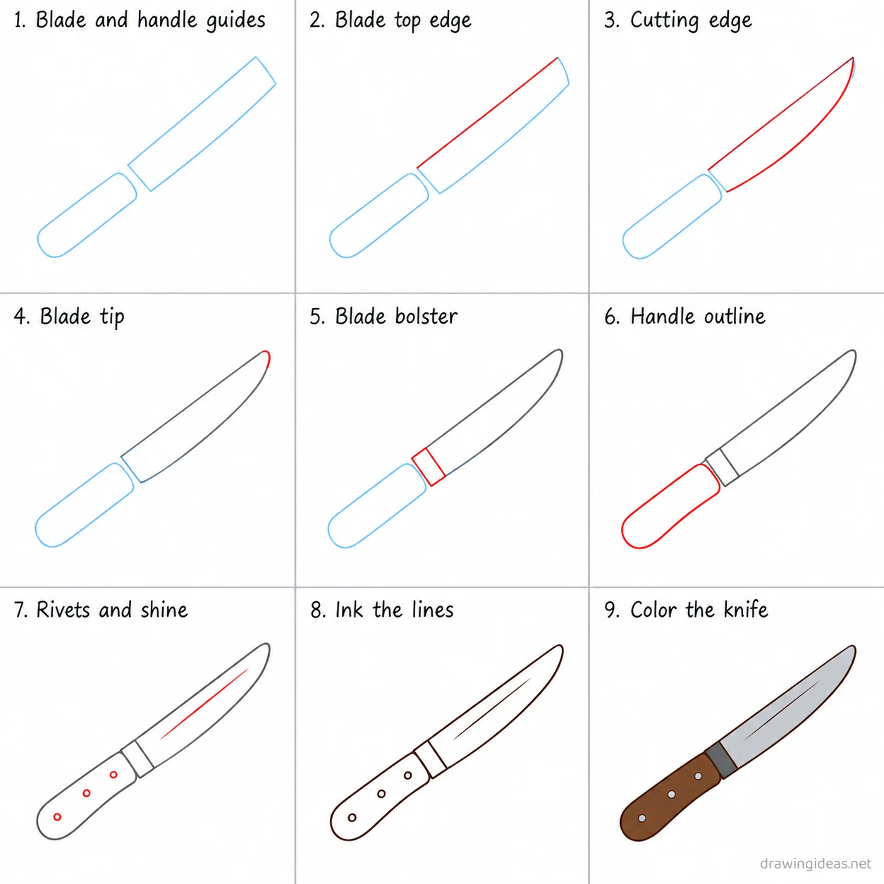 How to draw a knife step by step — 9-step knife drawing tutorial sheet