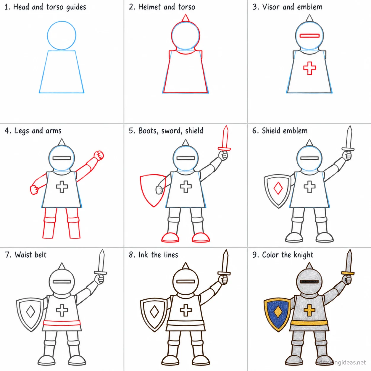 How to draw a knight step by step — 9-step knight drawing tutorial sheet