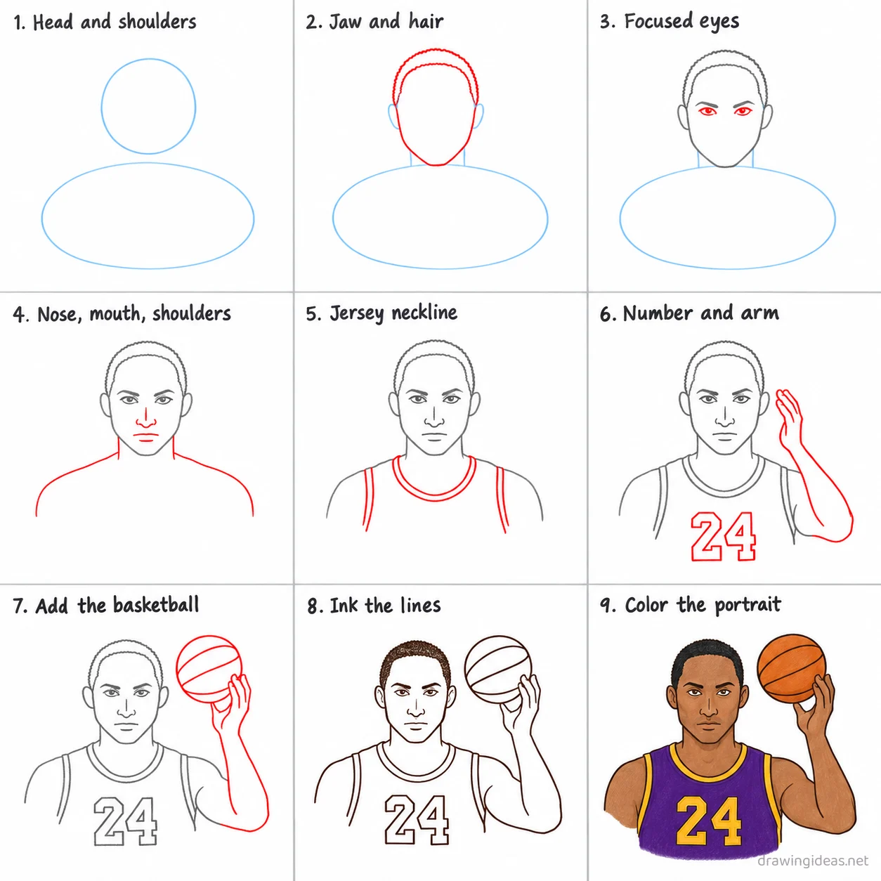 How to draw Kobe Bryant step by step — 9-step Kobe Bryant drawing tutorial sheet