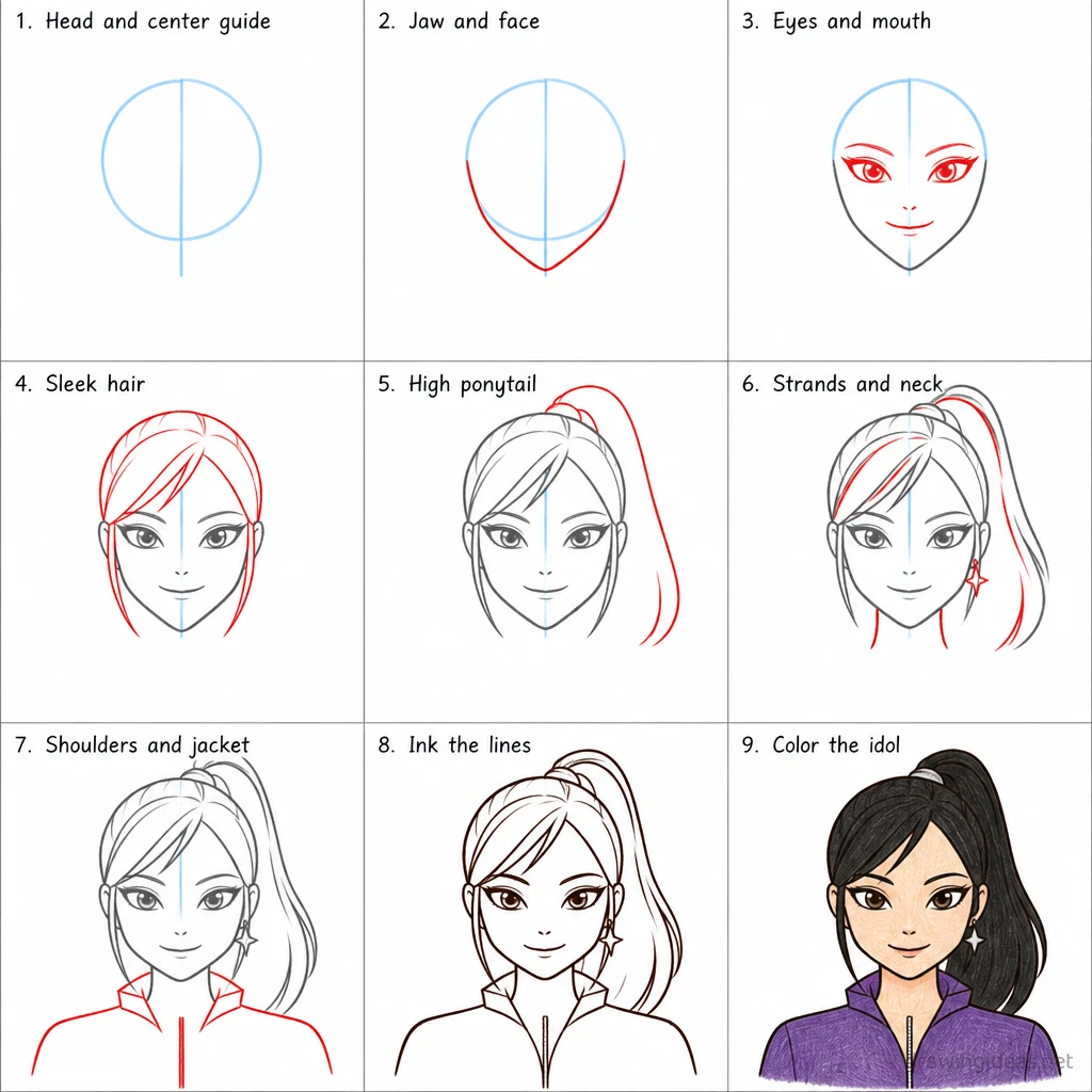 How to draw Kpop Demon Hunters step by step — 9-step Kpop Demon Hunters drawing tutorial sheet