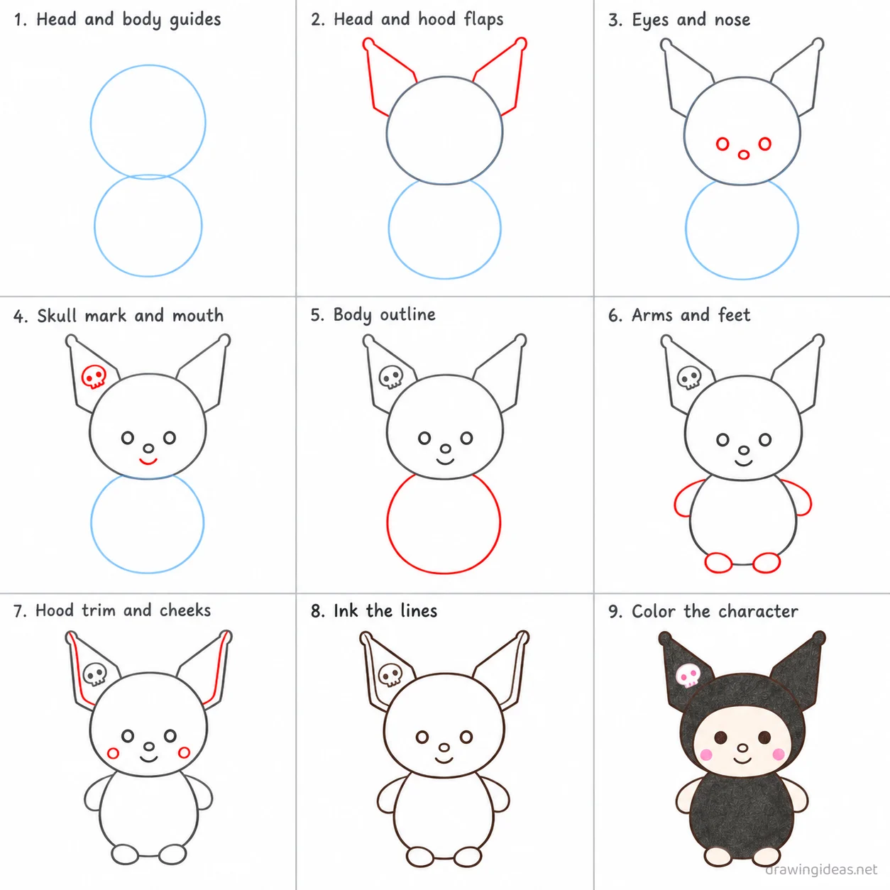 How to draw Kuromi step by step — 9-step Kuromi drawing tutorial sheet