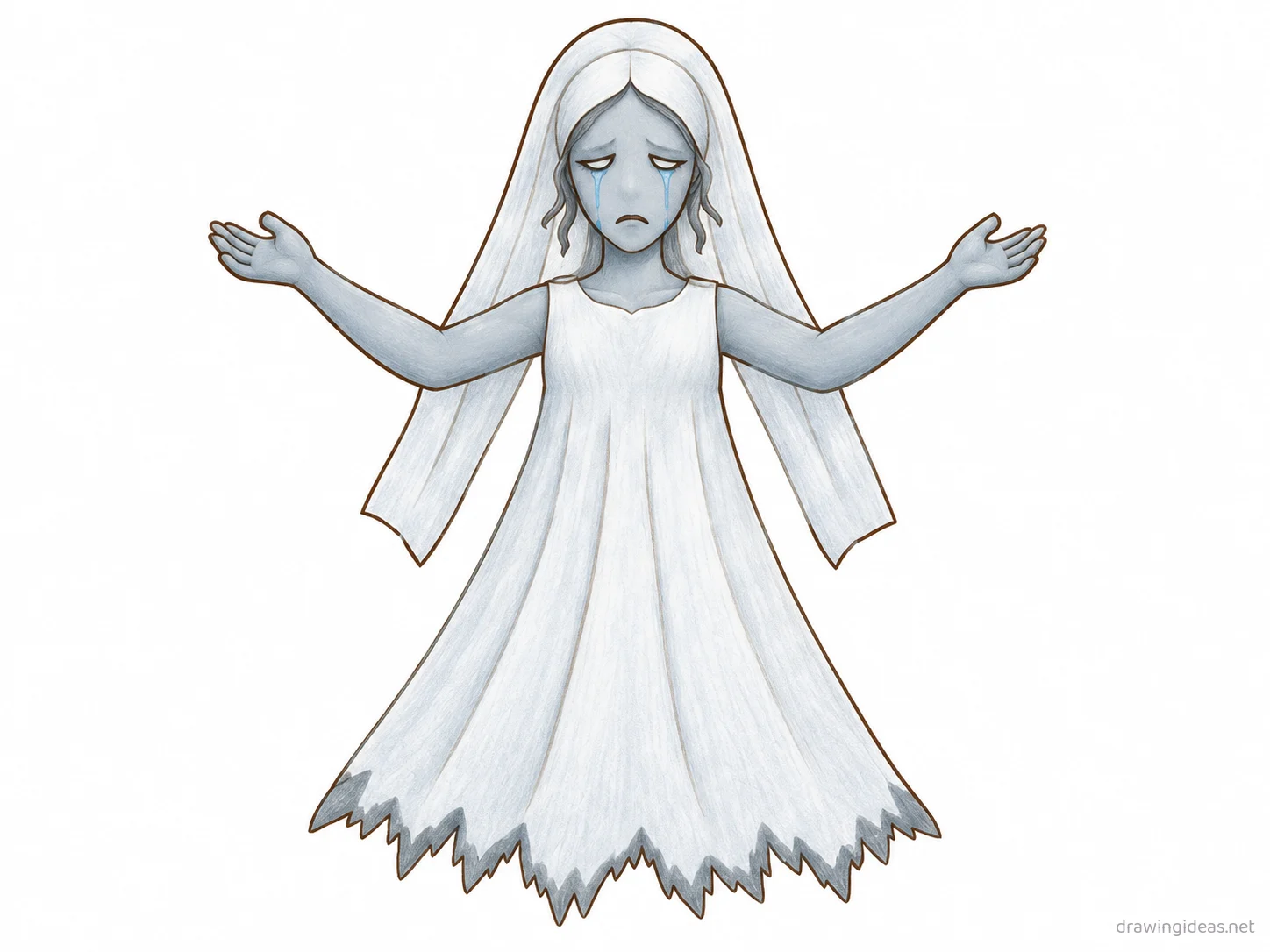 La Llorona drawing — hand-drawn La Llorona illustration with ink lines and soft colors