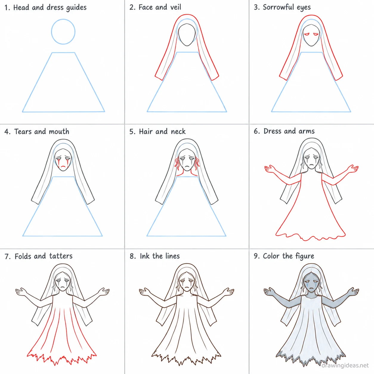 How to draw La Llorona step by step — 9-step La Llorona drawing tutorial sheet