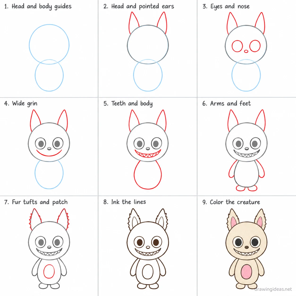 How to draw Labubu step by step — 9-step Labubu drawing tutorial sheet