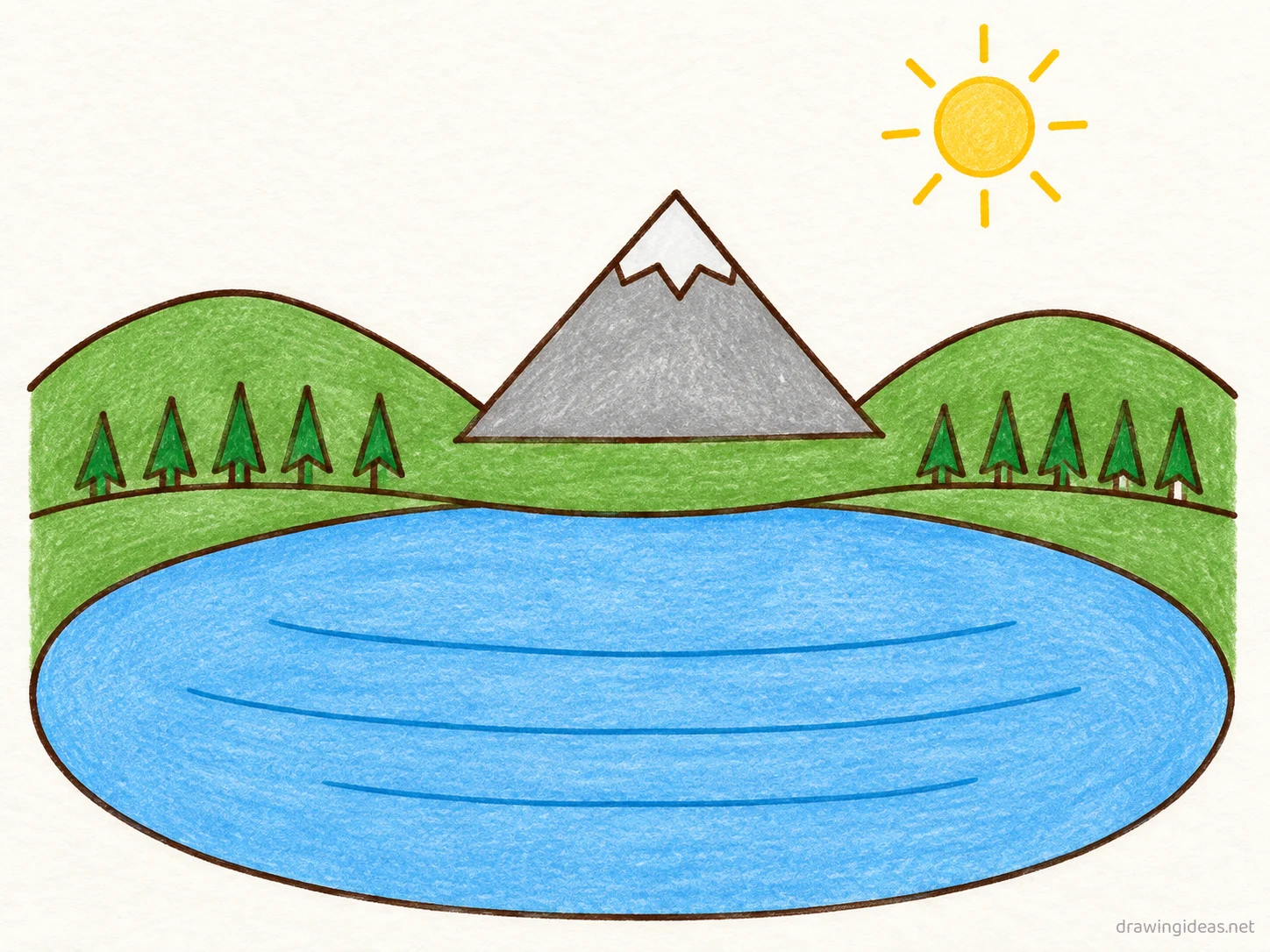 Lake drawing — hand-drawn lake illustration with ink lines and soft colors