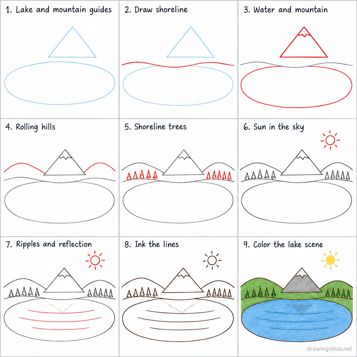 How to draw a lake step by step — 9-step lake drawing tutorial sheet