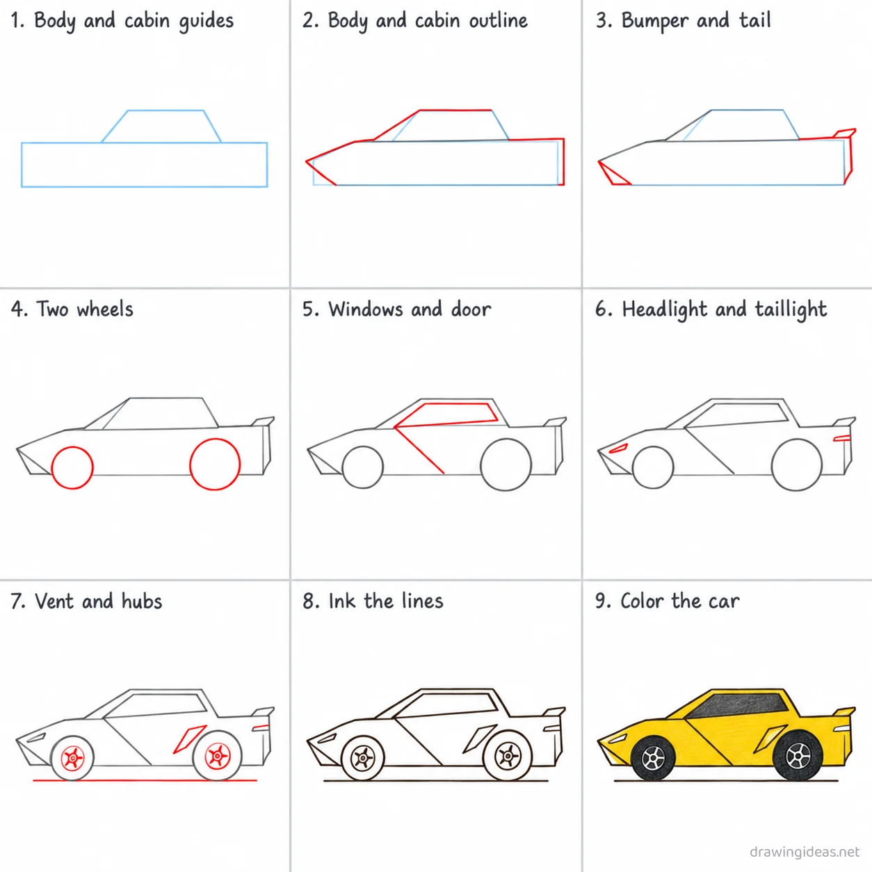 How to draw a lamborghini step by step — 9-step lamborghini drawing tutorial sheet