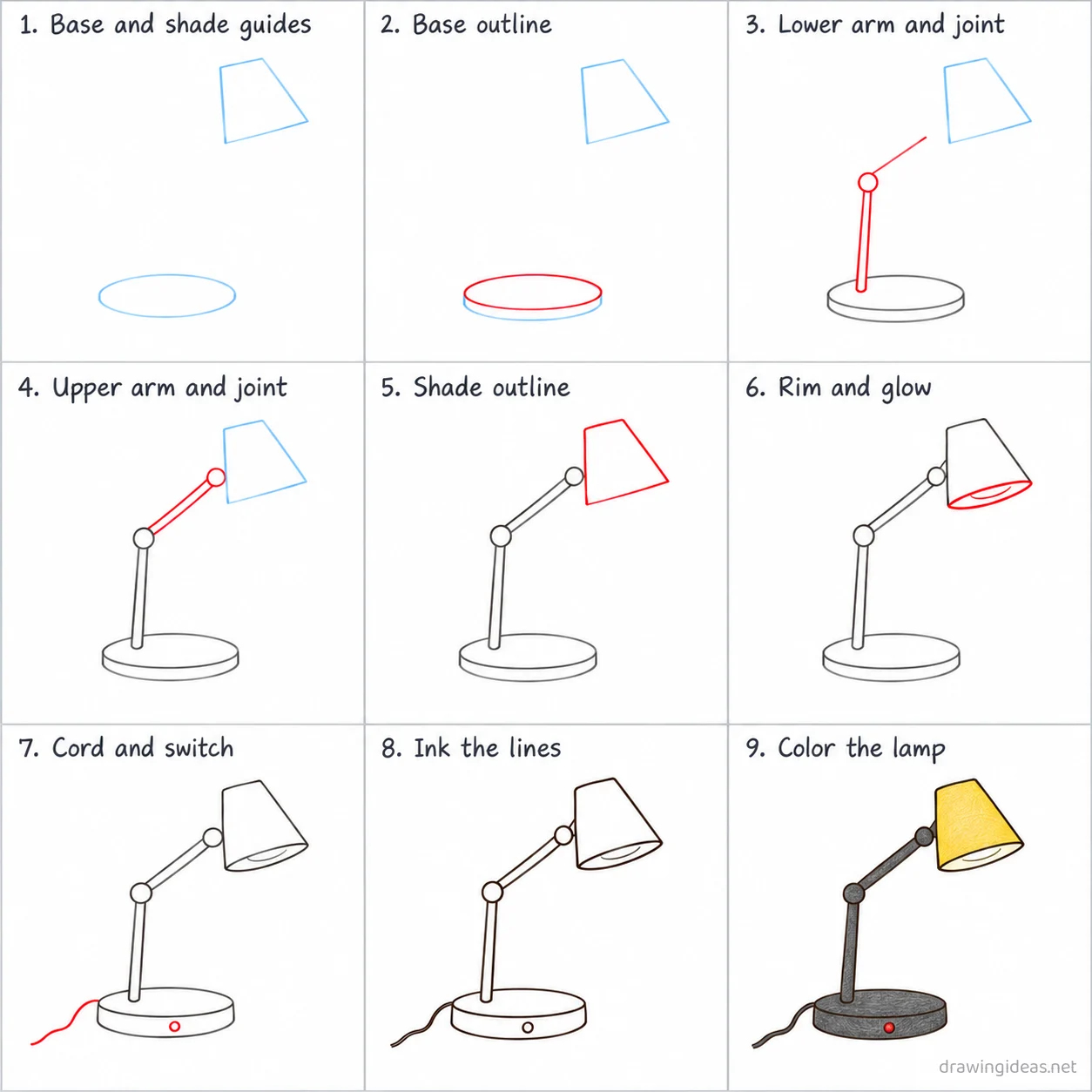 How to draw a lamp step by step — 9-step lamp drawing tutorial sheet