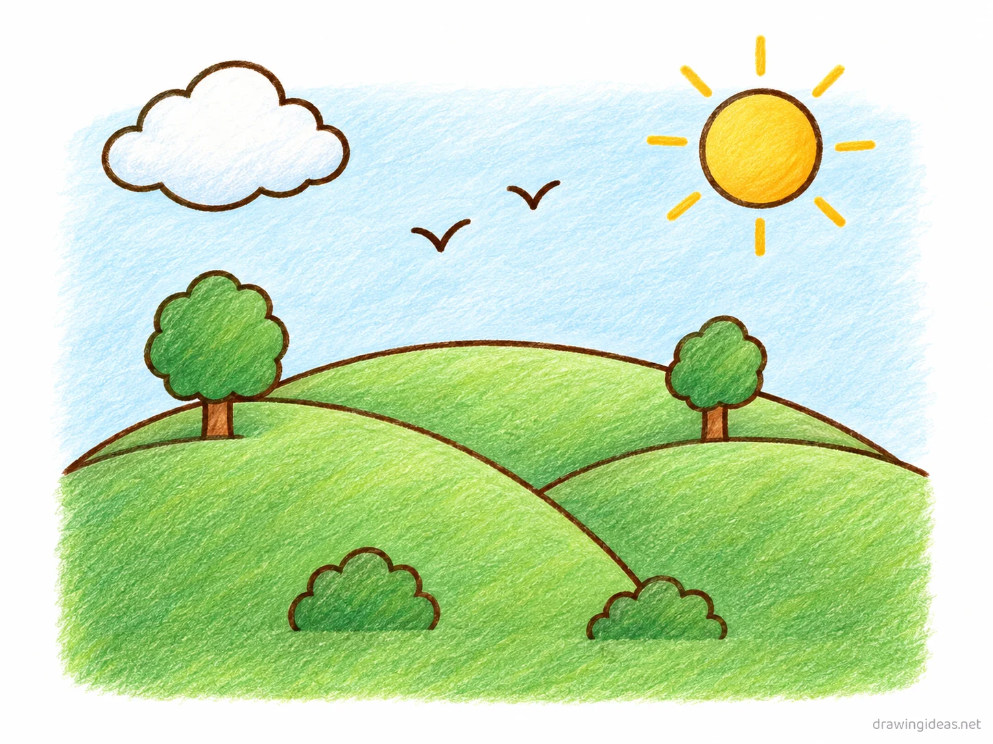 Landscape drawing — hand-drawn landscape illustration with ink lines and soft colors