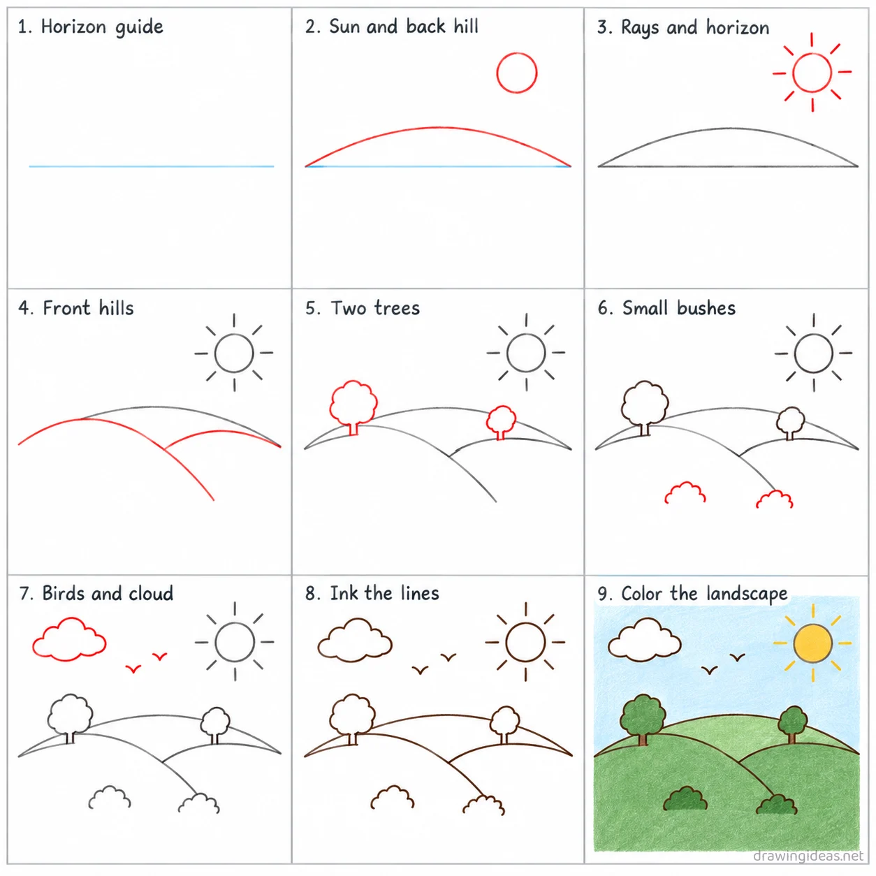 How to draw a landscape step by step — 9-step landscape drawing tutorial sheet