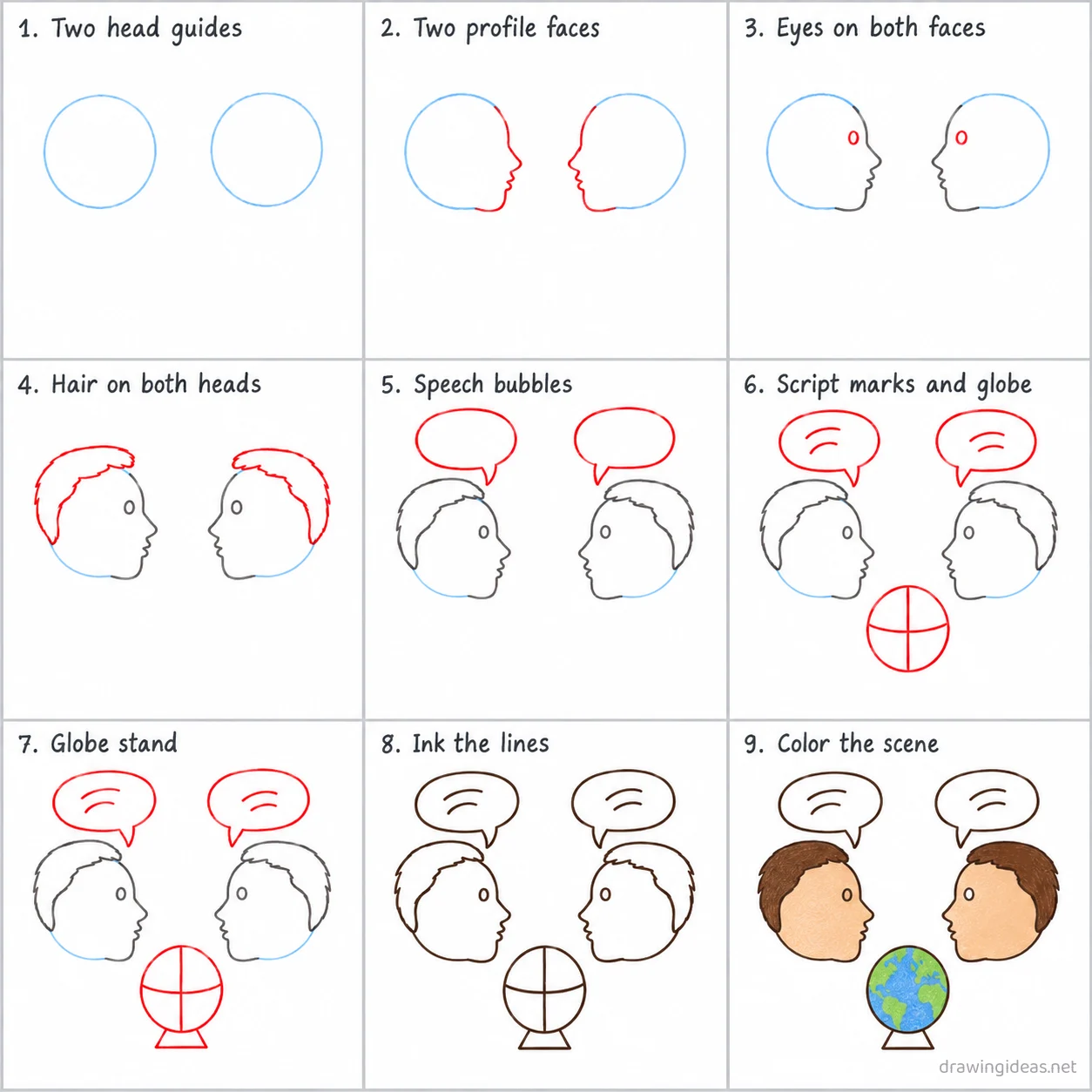 How to draw language step by step — 9-step language drawing tutorial sheet