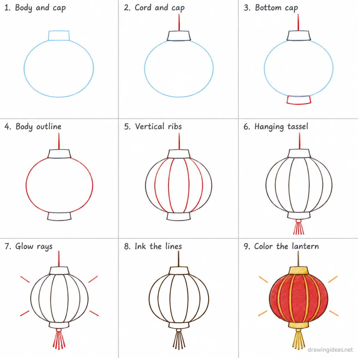 How to draw a lantern step by step — 9-step lantern drawing tutorial sheet
