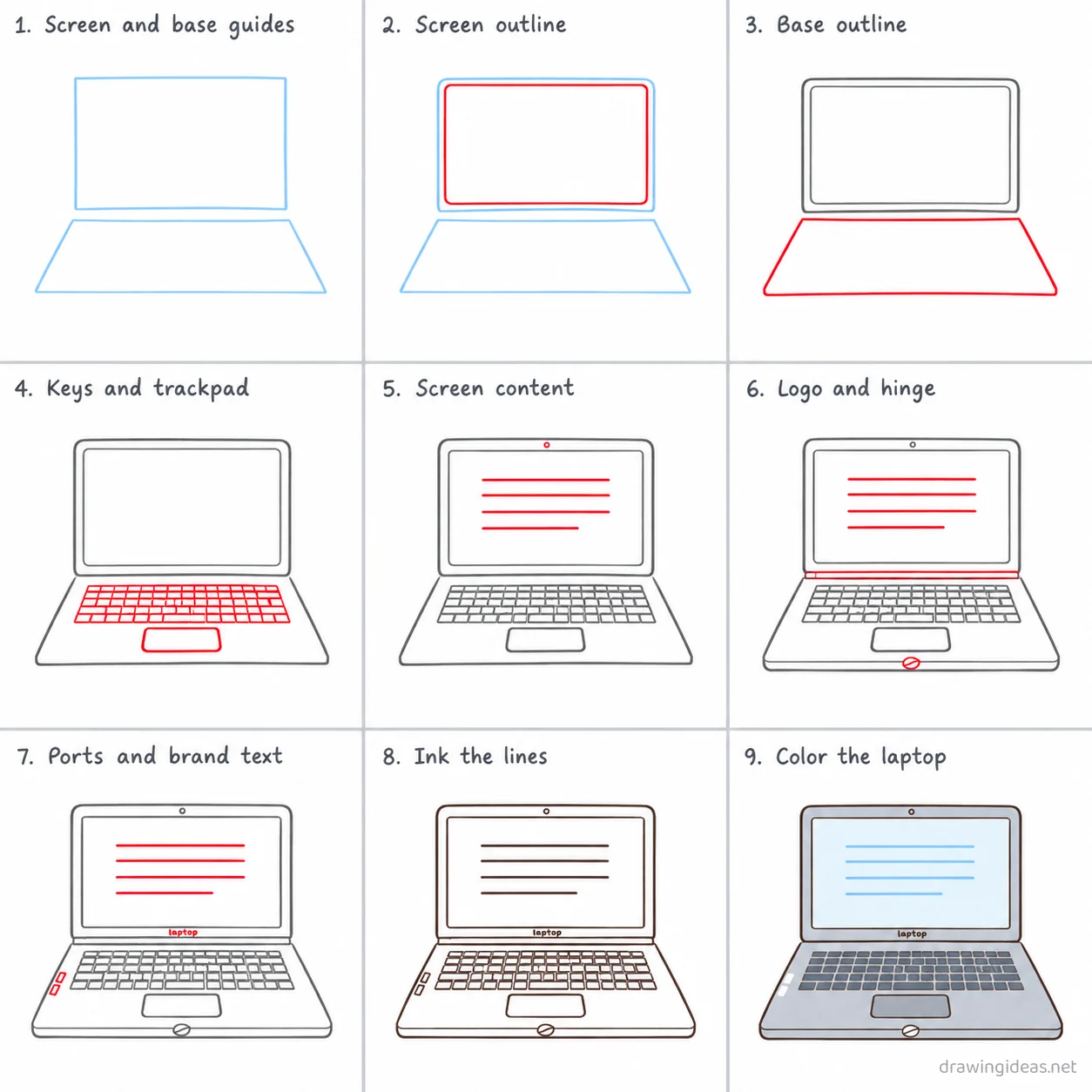 How to draw a laptop step by step — 9-step laptop drawing tutorial sheet
