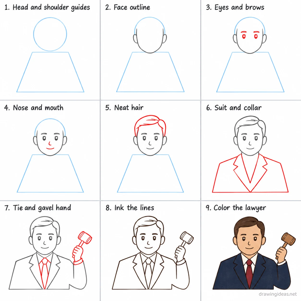 How to draw a lawyer step by step — 9-step lawyer drawing tutorial sheet