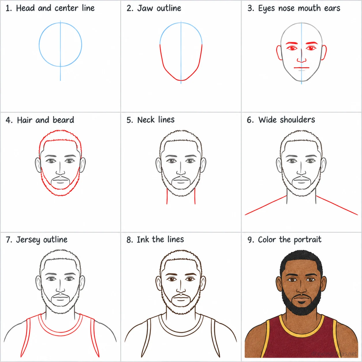 How to draw Lebron James step by step — 9-step Lebron James drawing tutorial sheet