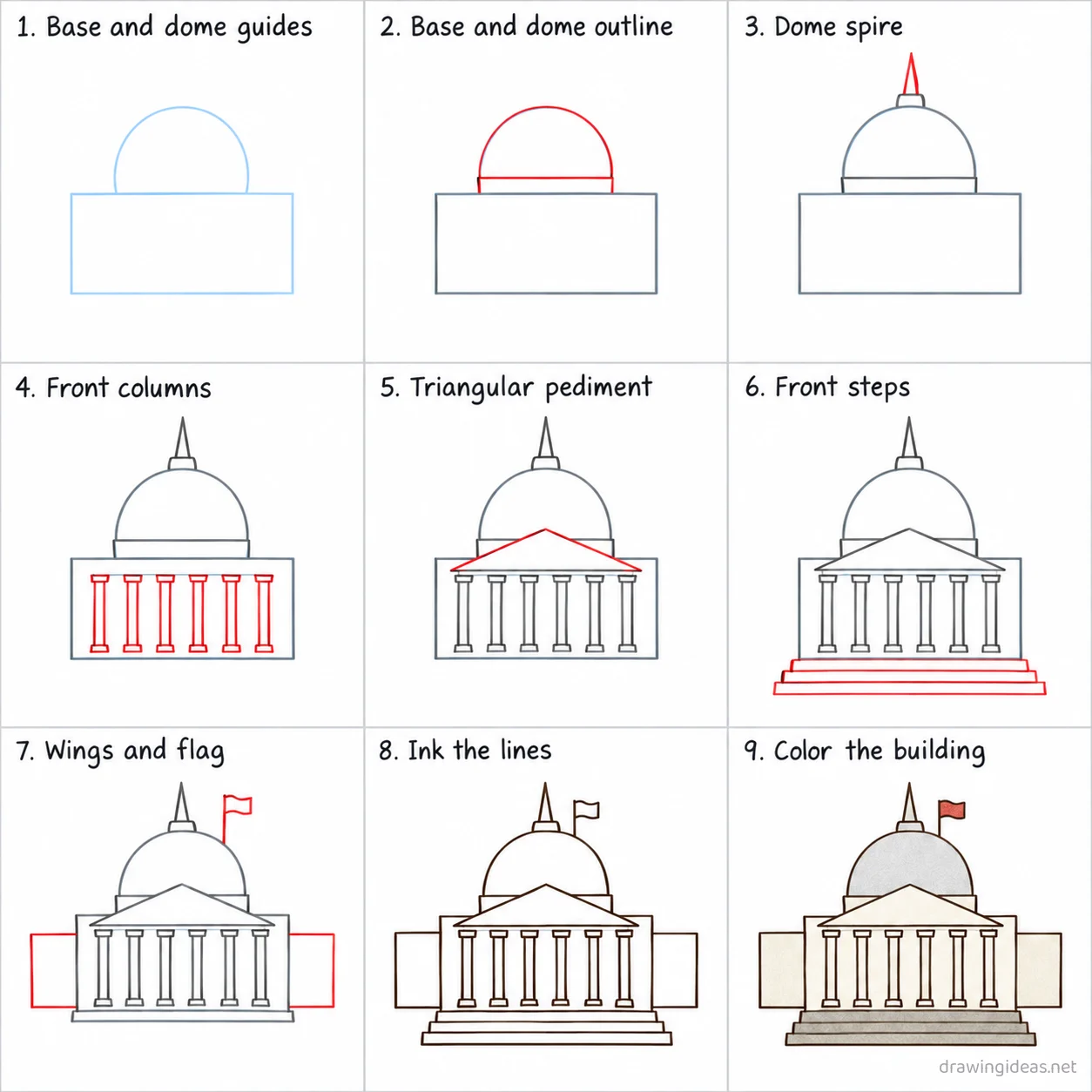 How to draw the Legislative Branch step by step — 9-step Legislative Branch drawing tutorial sheet
