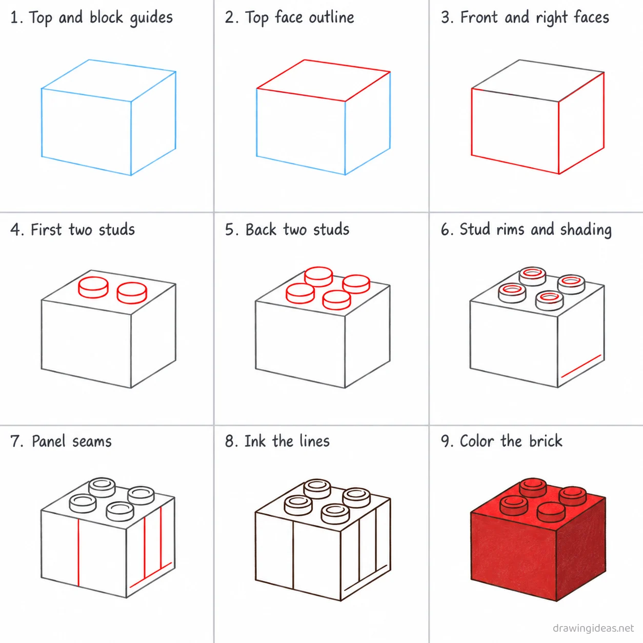 How to draw a lego step by step — 9-step lego drawing tutorial sheet