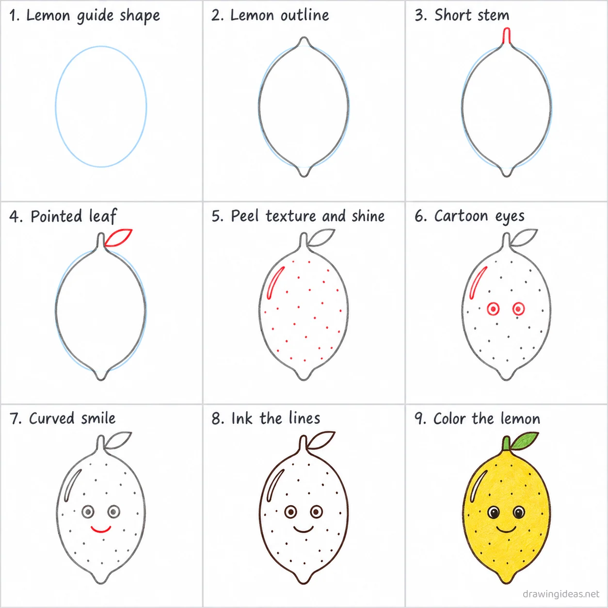 How to draw a lemon step by step — 9-step lemon drawing tutorial sheet