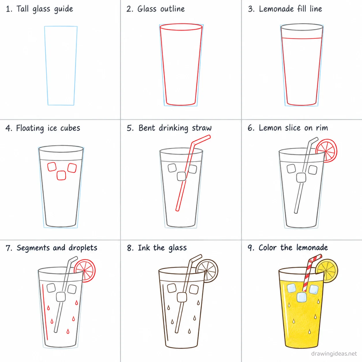 How to draw lemonade step by step — 9-step lemonade drawing tutorial sheet