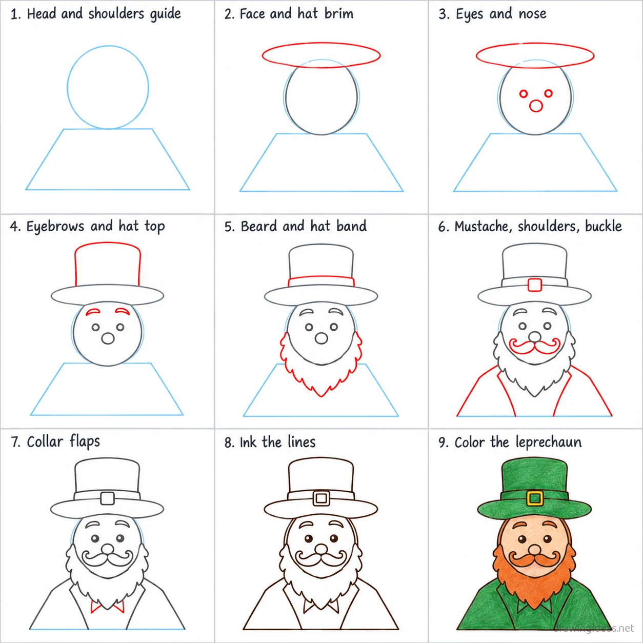 How to draw a leprechaun step by step — 9-step leprechaun drawing tutorial sheet