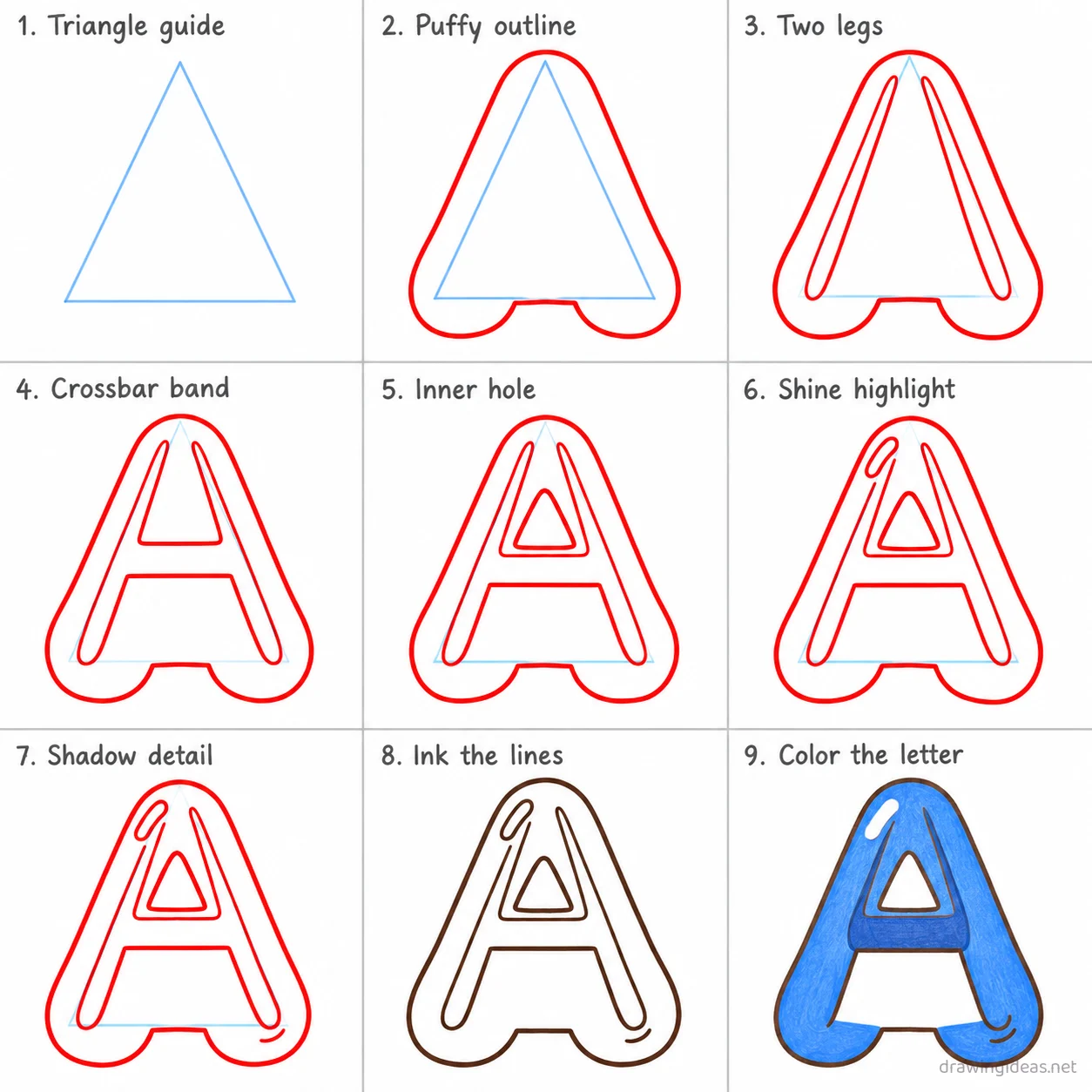 How to draw a letter step by step — 9-step letter drawing tutorial sheet