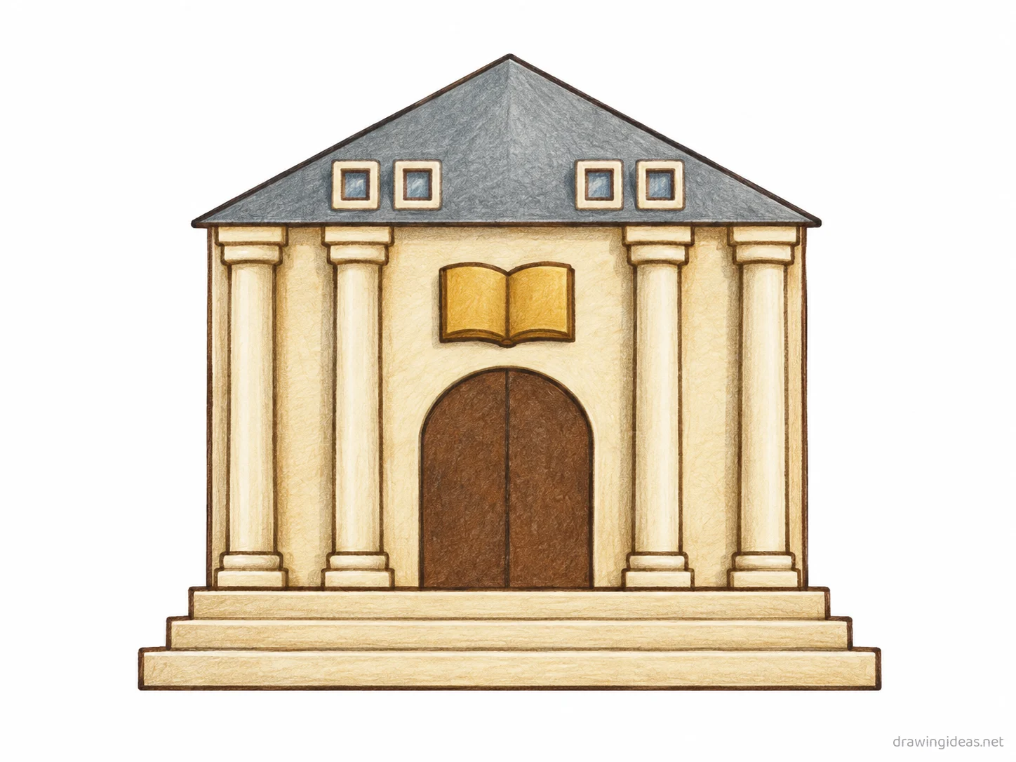 Library drawing — hand-drawn library illustration with ink lines and soft colors