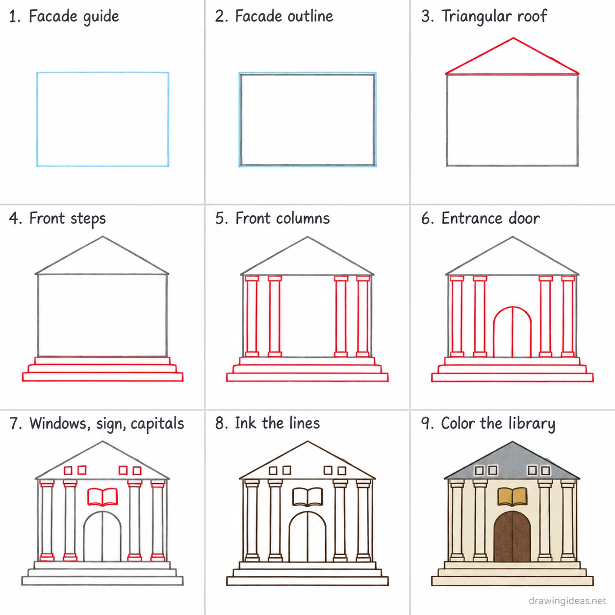 How to draw a library step by step — 9-step library drawing tutorial sheet