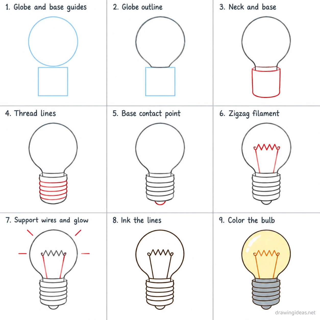 How to draw a light bulb step by step — 9-step light bulb drawing tutorial sheet