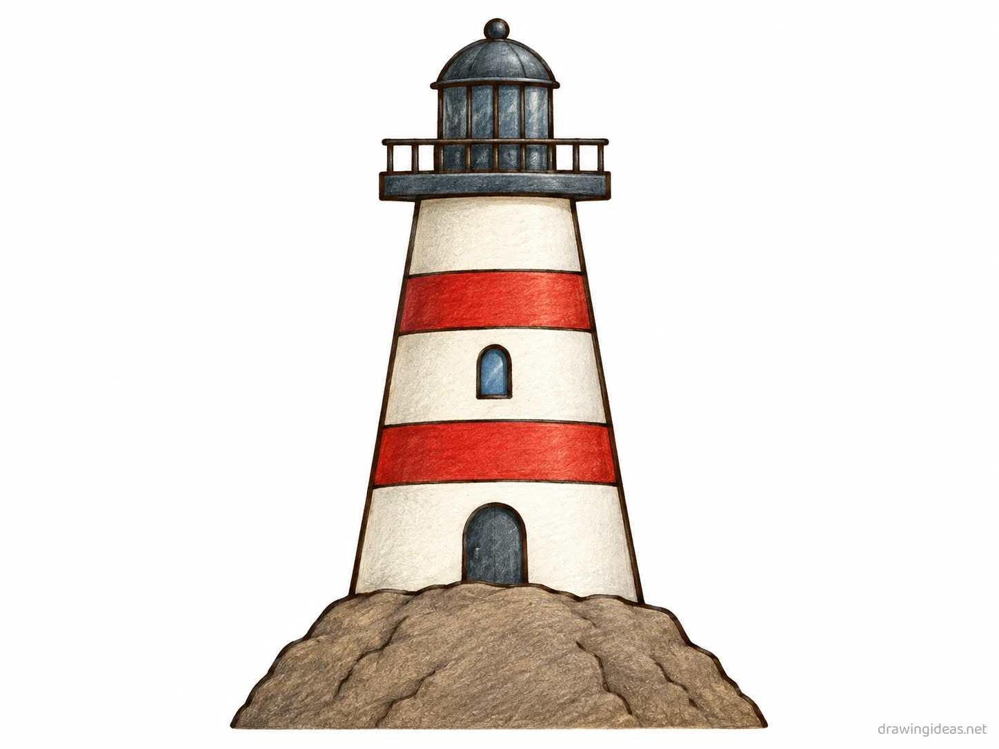 Lighthouse drawing — hand-drawn lighthouse illustration with ink lines and soft colors