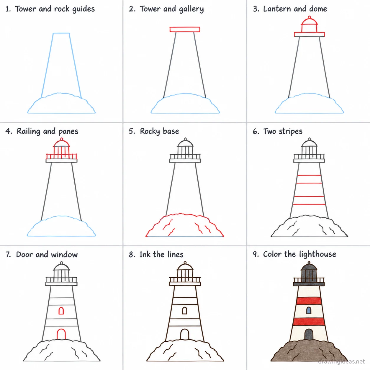 How to draw a lighthouse step by step — 9-step lighthouse drawing tutorial sheet