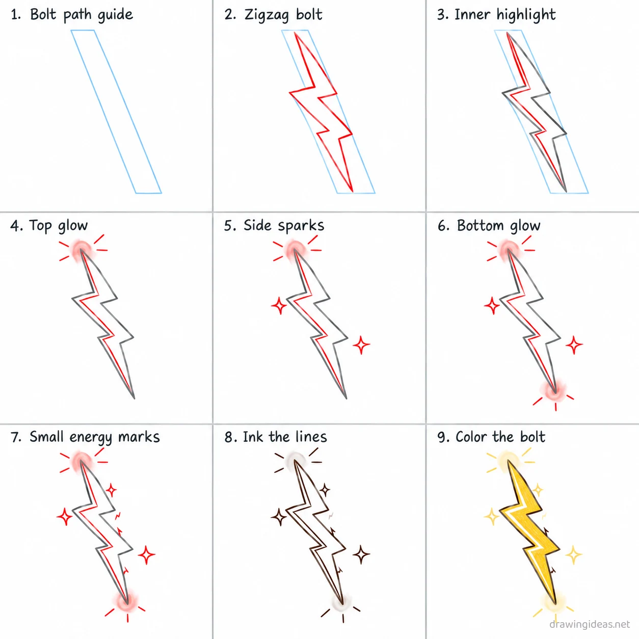 How to draw a lightning bolt step by step — 9-step lightning bolt drawing tutorial sheet