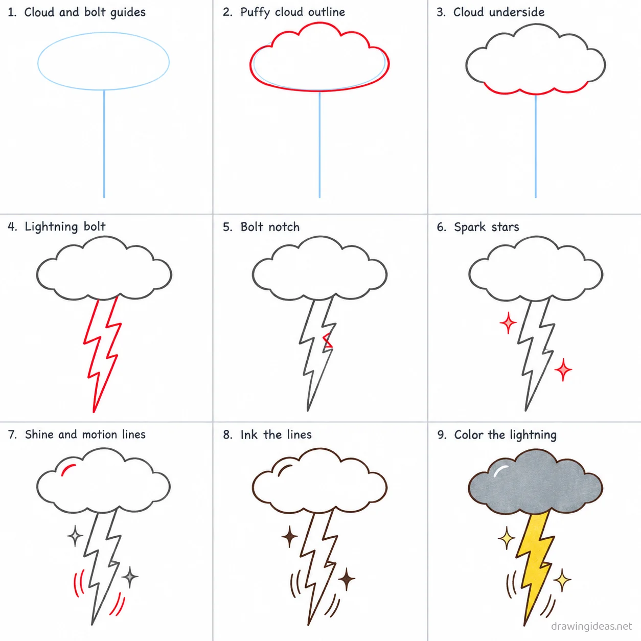 How to draw lightning step by step — 9-step lightning drawing tutorial sheet